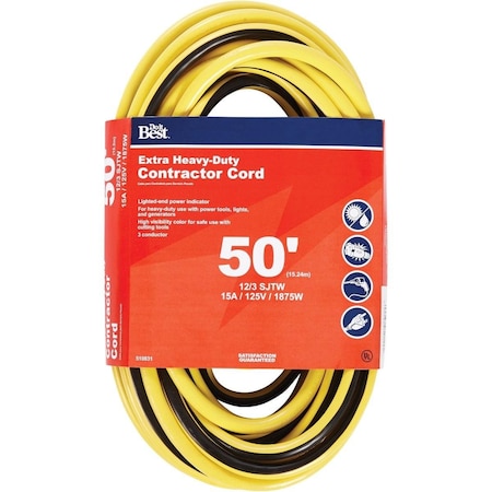SJTW Extension Cord, 12 AWG, Outdoor, 12/3, 1 Outlets, Black/Yellow, 50 ft